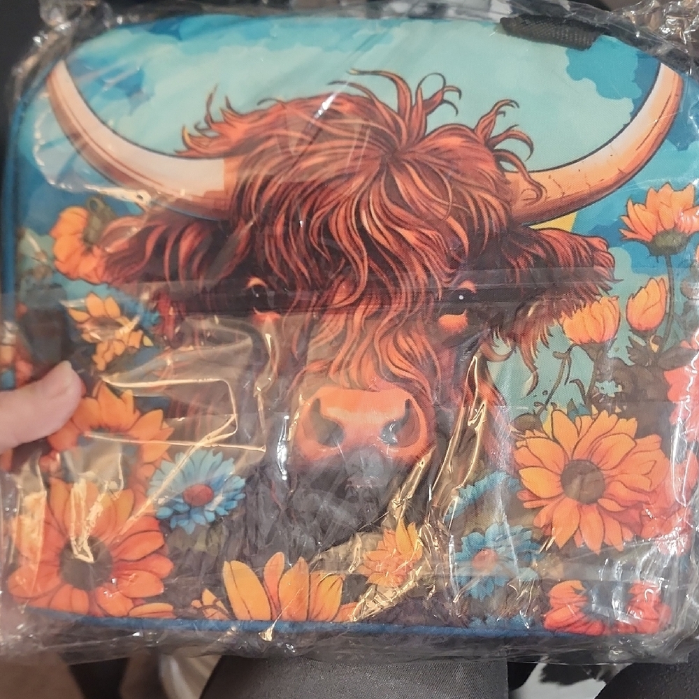 Double Layer Insulated Lunch Bag featuring a Highland Cow and Sunflower Pattern.